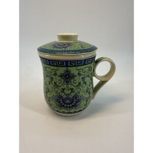 Lotus Tea Cup Coffee Mug With Lid Strainer Green Chinoiserie Decor Floral